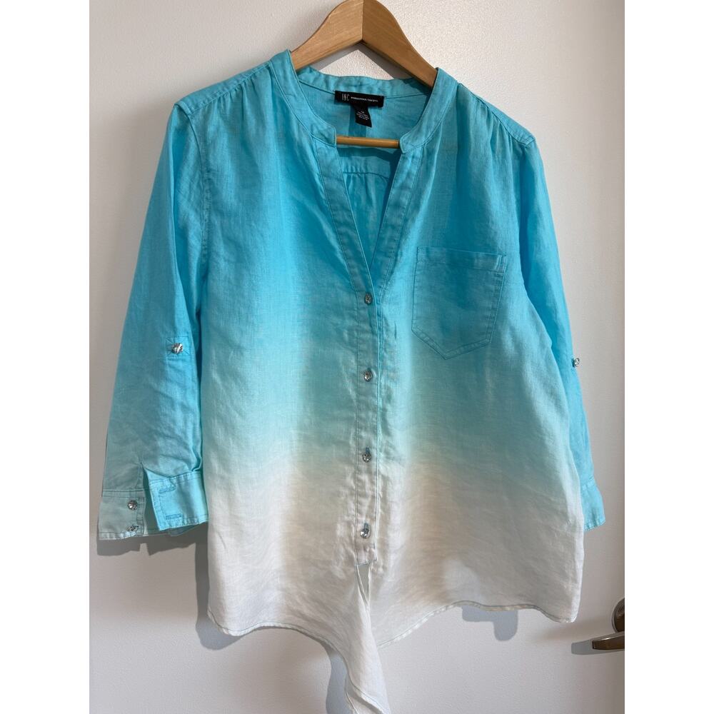 INC Linen Tie-Dye Ombre Button Down v neck Shirt roll tab Crystal button Sz-16 - Picture 2 of 8